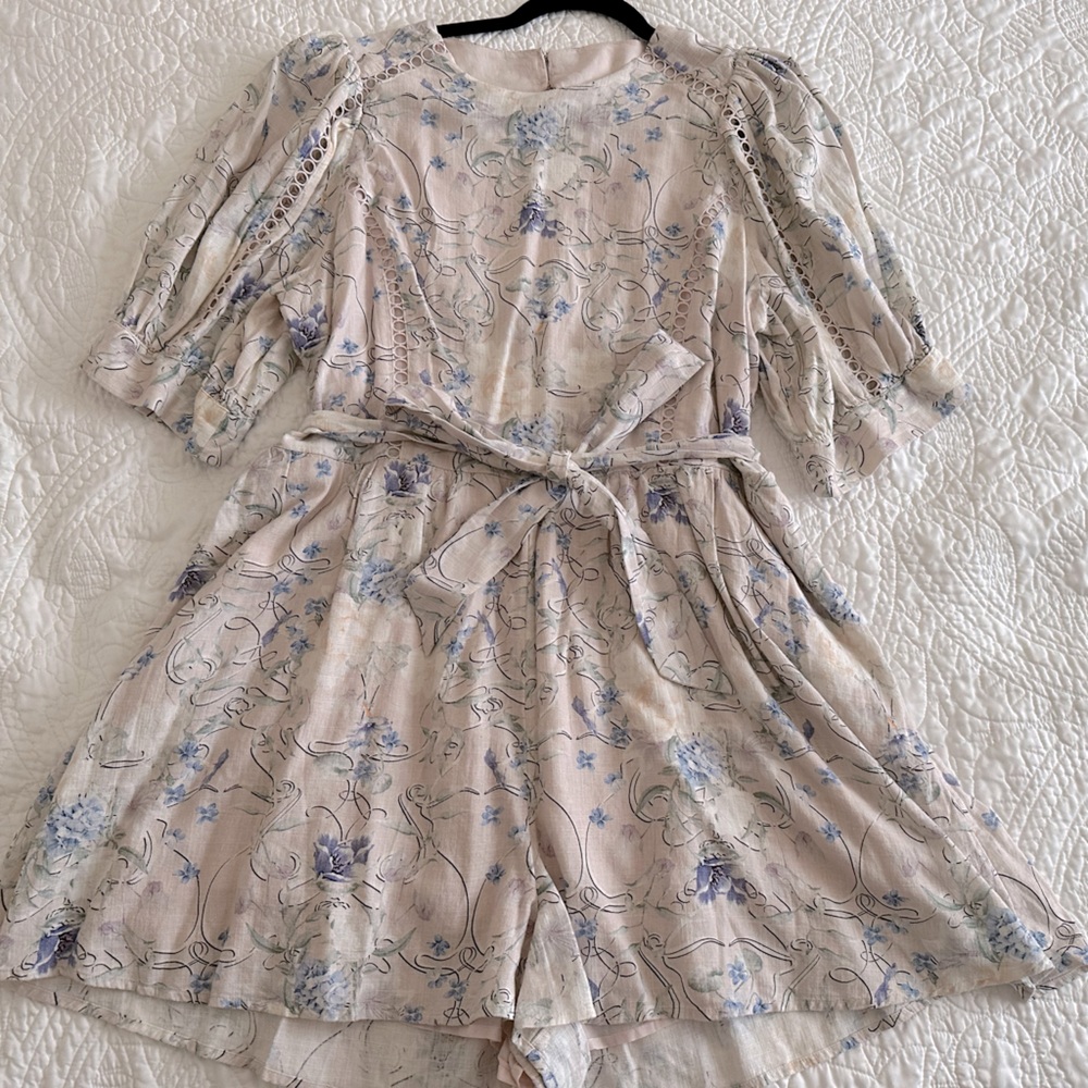 Express Floral Linen Blend Puff Shoulder Tie Waist Romper size XL